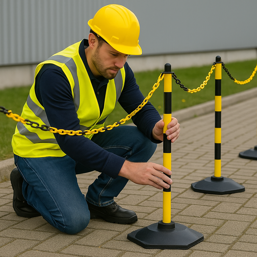 Ultra-Visible Yellow & Black Chain Post Kit – 6 Posts with 10 m Chain, Hooks & Links | Heavy-Duty Recycled Rubber Base