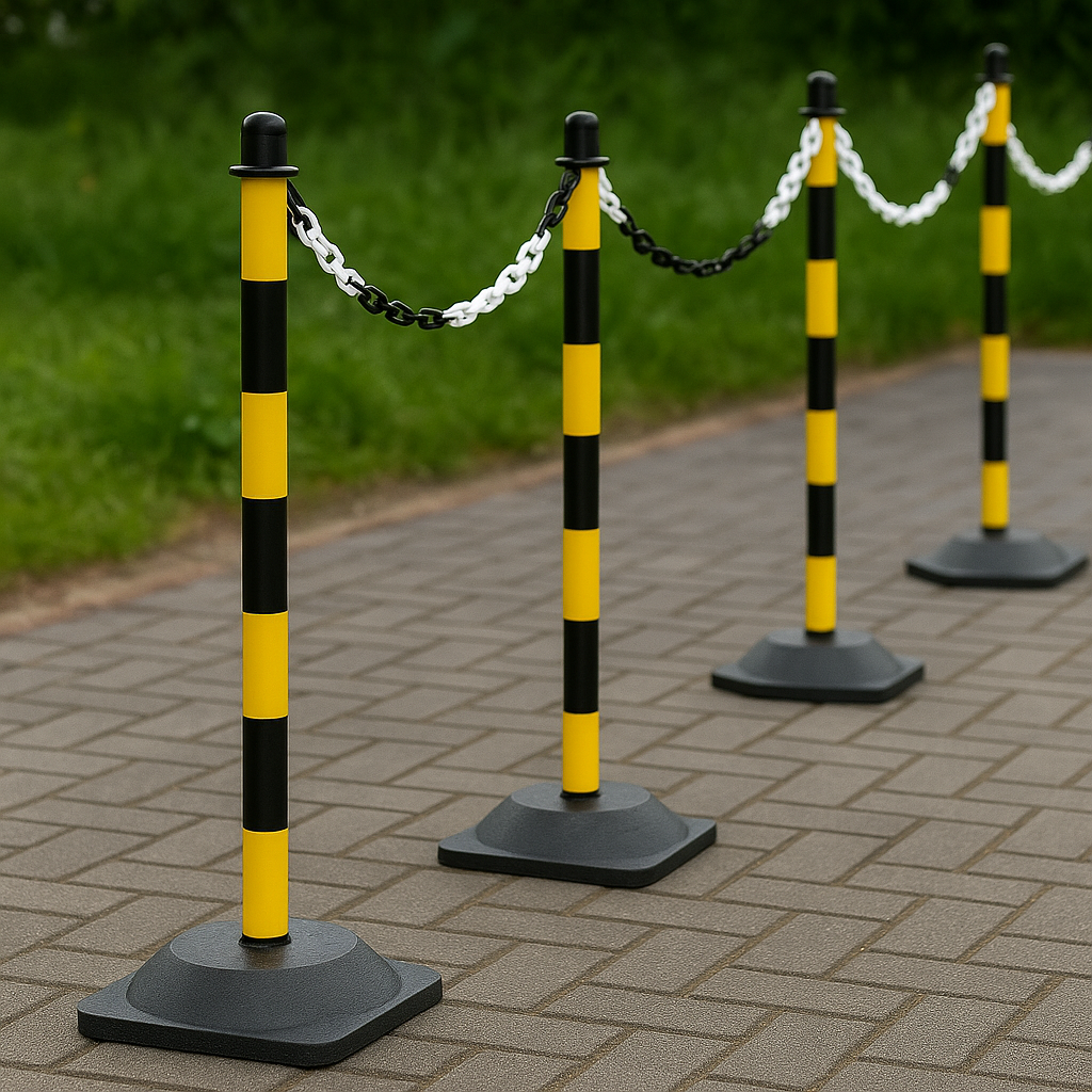 Ultra-Visible Yellow & Black Chain Post Kit – 6 Posts with 10 m Chain, Hooks & Links | Heavy-Duty Recycled Rubber Base