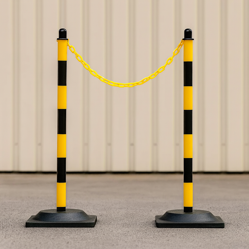 Ultra-Visible Yellow & Black Chain Post Kit – 6 Posts with 10 m Chain, Hooks & Links | Heavy-Duty Recycled Rubber Base