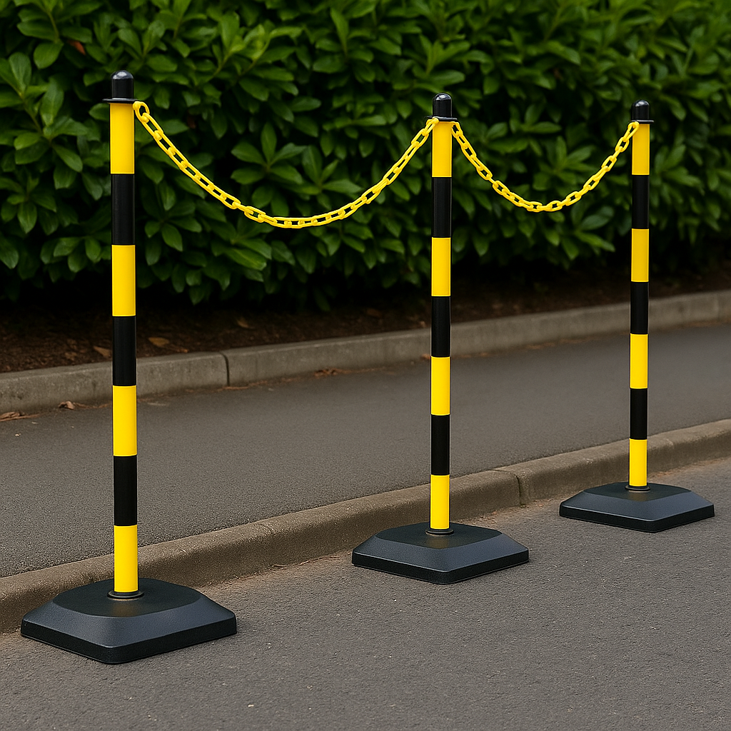 Ultra-Visible Yellow & Black Chain Post Kit – 6 Posts with 10 m Chain, Hooks & Links | Heavy-Duty Recycled Rubber Base