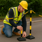 High-Visibility Yellow & Black Chain Post Safety Barrier Kit – 6 Concrete-Filled Posts, 10 m Chain, 10 Hooks & Links