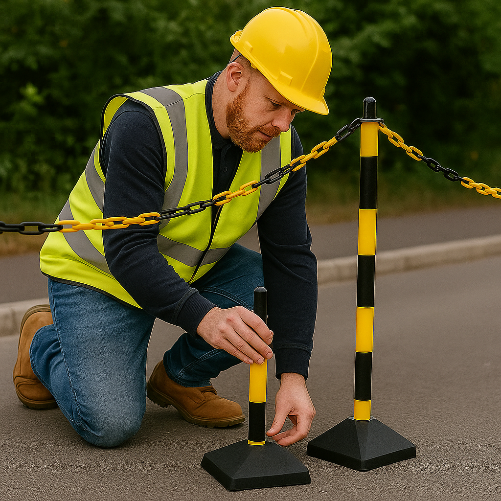 High-Visibility Yellow & Black Chain Post Safety Barrier Kit – 6 Concrete-Filled Posts, 10 m Chain, 10 Hooks & Links