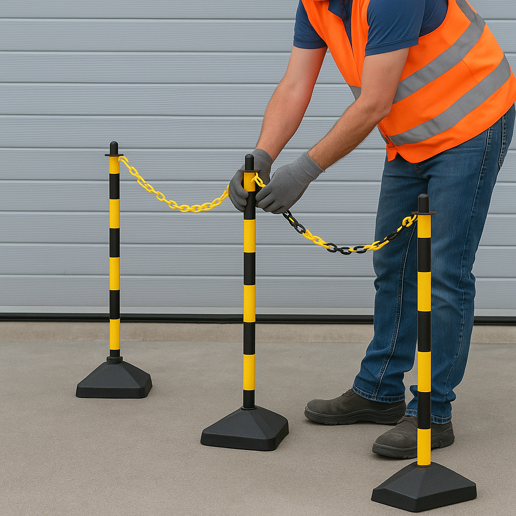 High-Visibility Yellow & Black Chain Post Safety Barrier Kit – 6 Concrete-Filled Posts, 10 m Chain, 10 Hooks & Links