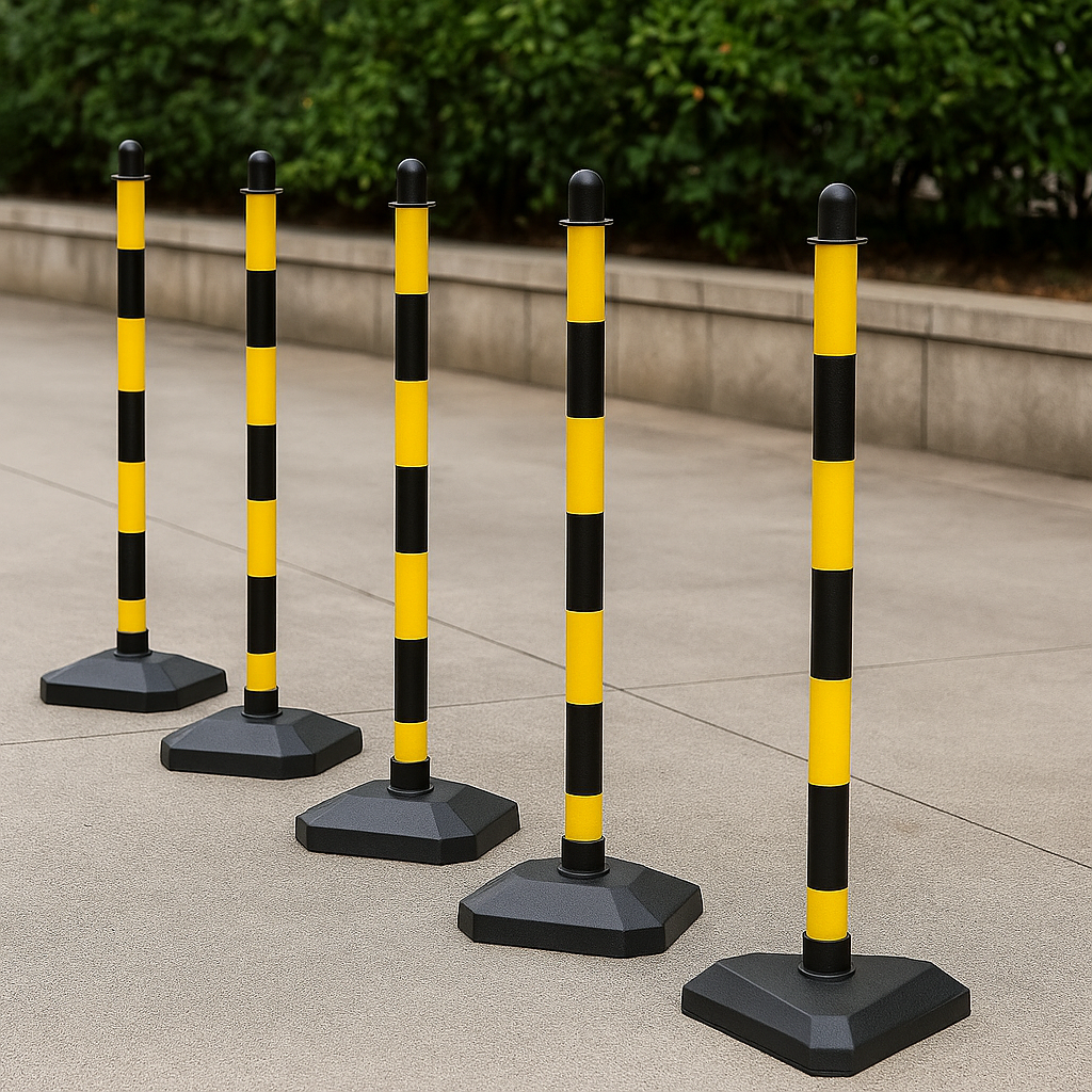 High-Visibility Yellow & Black Chain Post Safety Barrier Kit – 6 Concrete-Filled Posts, 10 m Chain, 10 Hooks & Links