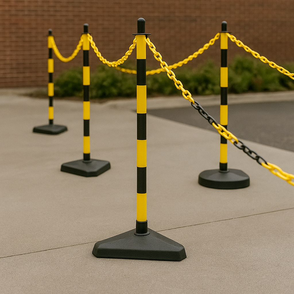 High-Visibility Yellow & Black Chain Post Safety Barrier Kit – 6 Concrete-Filled Posts, 10 m Chain, 10 Hooks & Links