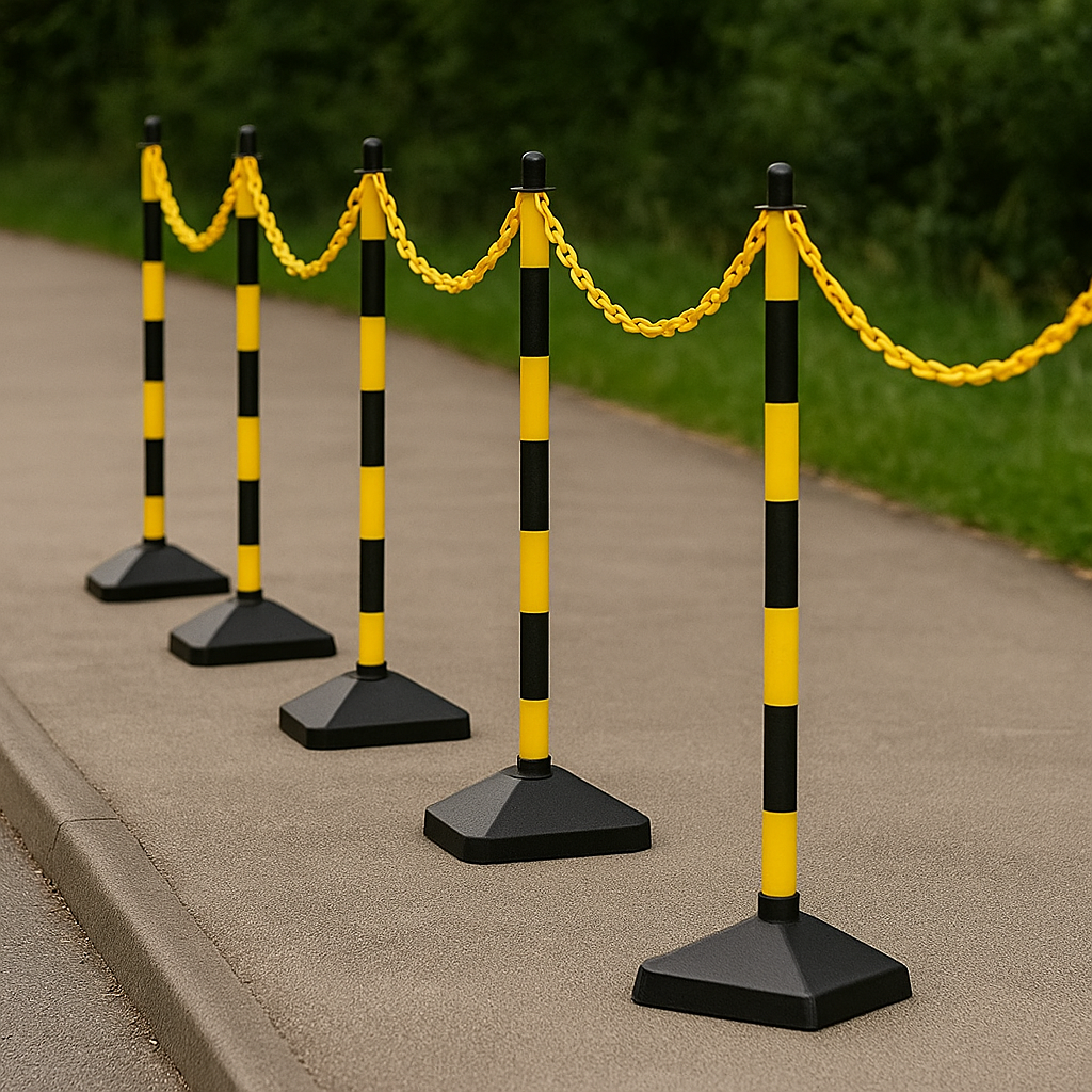 High-Visibility Yellow & Black Chain Post Safety Barrier Kit – 6 Concrete-Filled Posts, 10 m Chain, 10 Hooks & Links