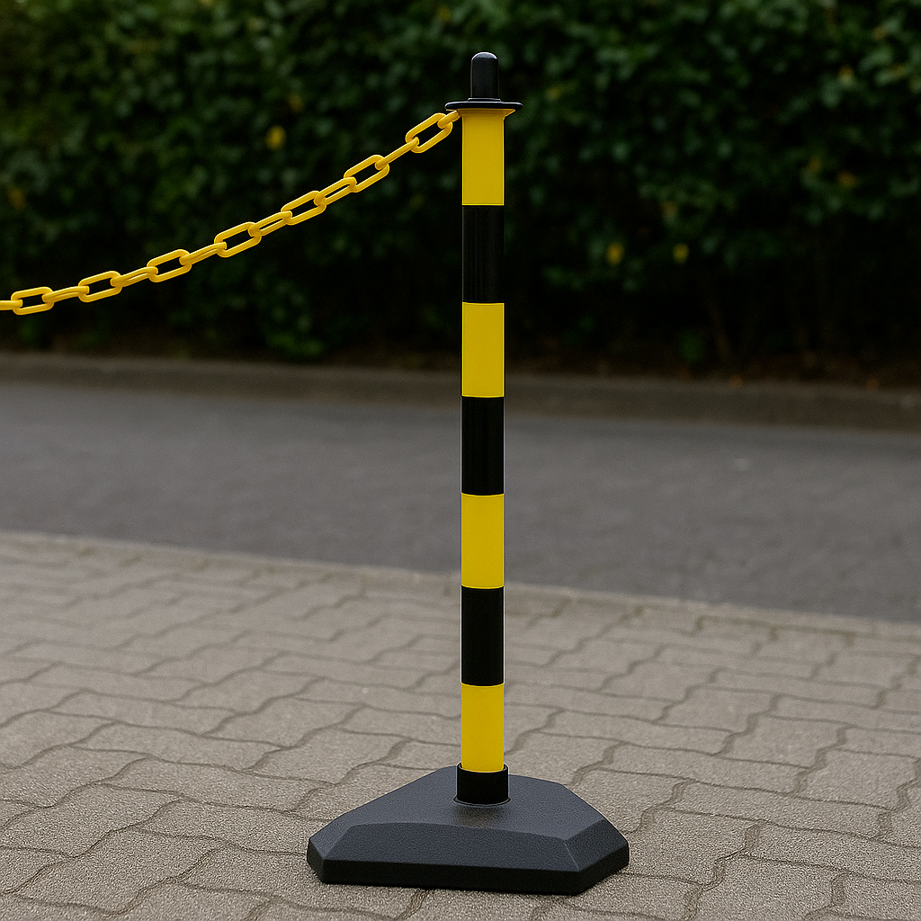 High-Visibility Yellow & Black Chain Post Safety Barrier Kit – 6 Concrete-Filled Posts, 10 m Chain, 10 Hooks & Links