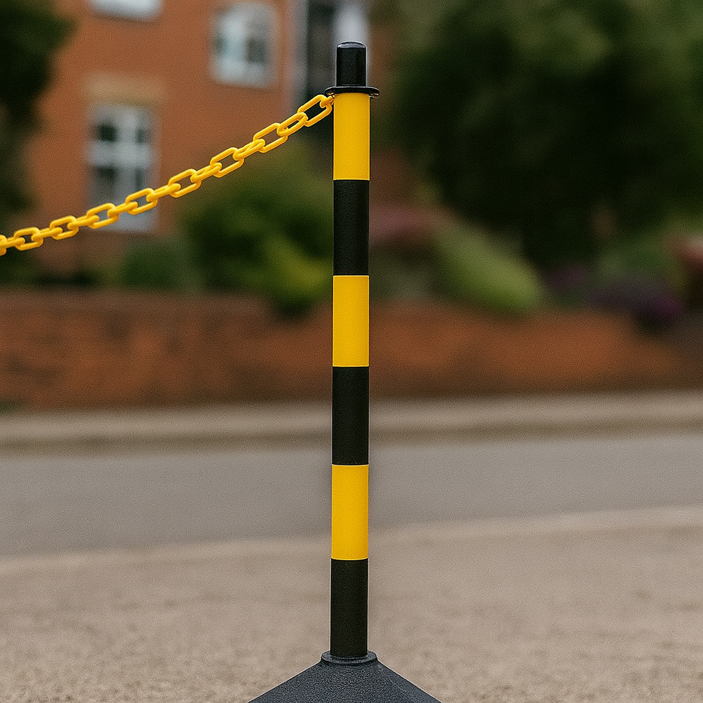 Premium Yellow & Black Chain Safety Post with Concrete-Filled Base – Ultra-Stable, Durable & Highly Visible