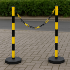 High-Visibility Yellow & Black Chain Barrier Kit – 6 Posts with Fillable Bases, 10 m Chain, Hooks & Links – Quick, Tool-Free Deployment