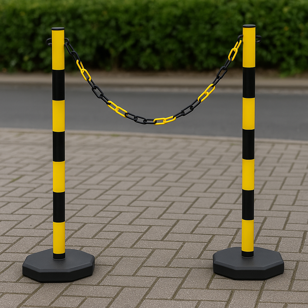 High-Visibility Yellow & Black Chain Barrier Kit – 6 Posts with Fillable Bases, 10 m Chain, Hooks & Links – Quick, Tool-Free Deployment