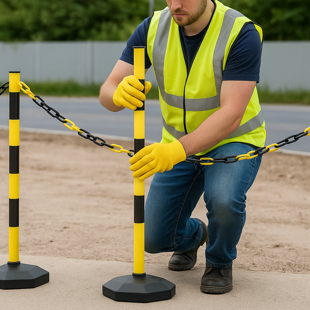 High-Visibility Yellow & Black Chain Barrier Kit – 6 Posts with Fillable Bases, 10 m Chain, Hooks & Links – Quick, Tool-Free Deployment