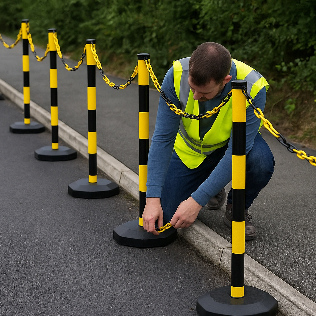 High-Visibility Yellow & Black Chain Barrier Kit – 6 Posts with Fillable Bases, 10 m Chain, Hooks & Links – Quick, Tool-Free Deployment