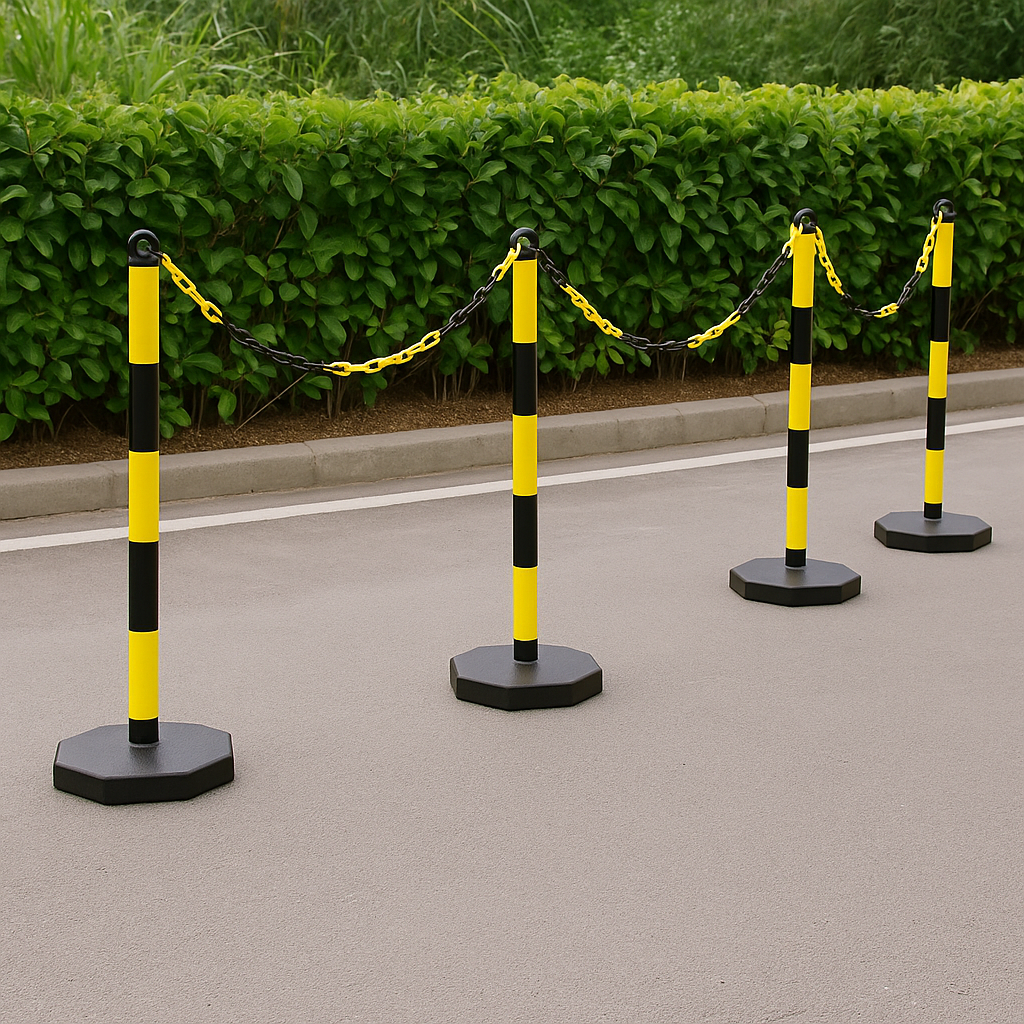 High-Visibility Yellow & Black Chain Barrier Kit – 6 Posts with Fillable Bases, 10 m Chain, Hooks & Links – Quick, Tool-Free Deployment