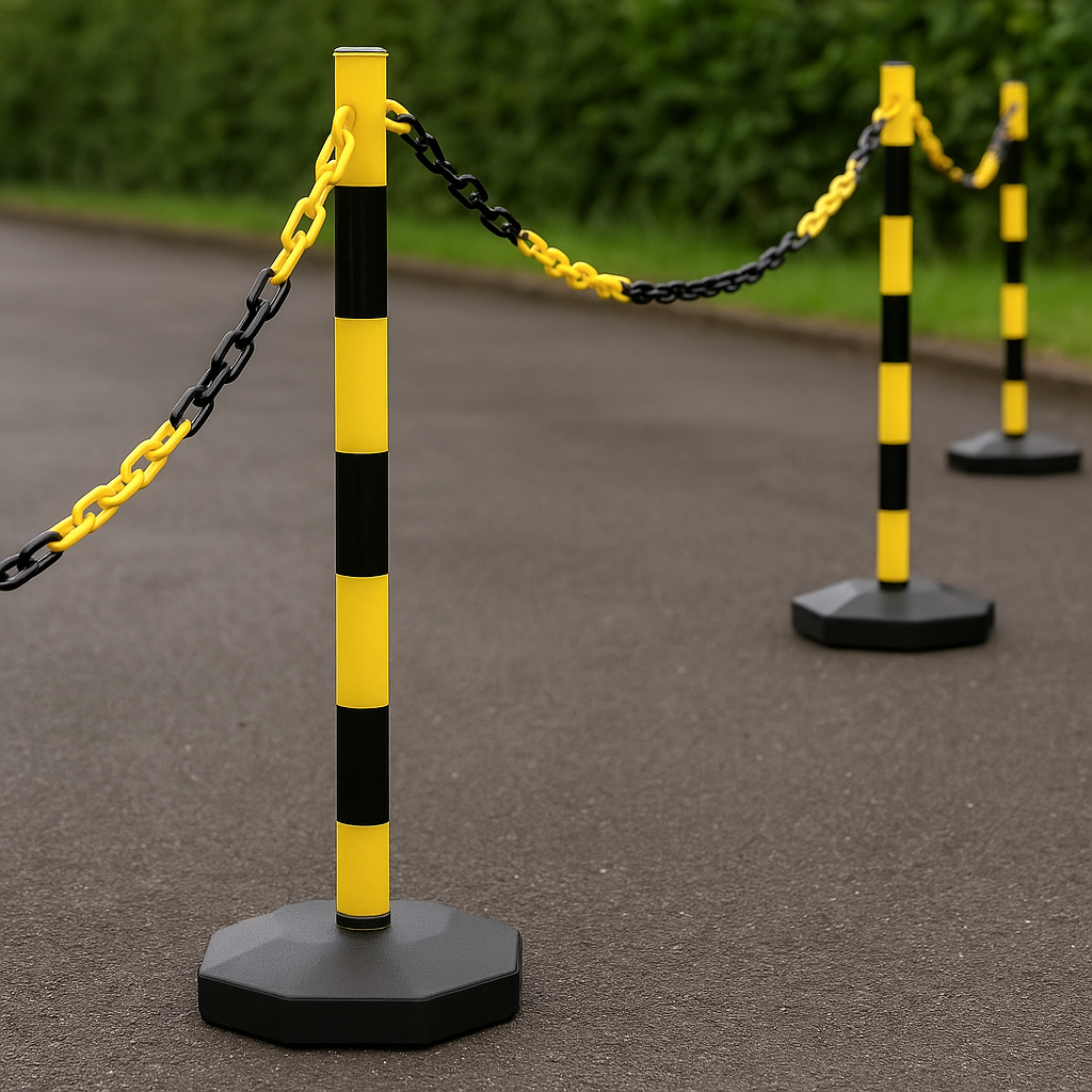 High-Visibility Yellow & Black Chain Barrier Kit – 6 Posts with Fillable Bases, 10 m Chain, Hooks & Links – Quick, Tool-Free Deployment