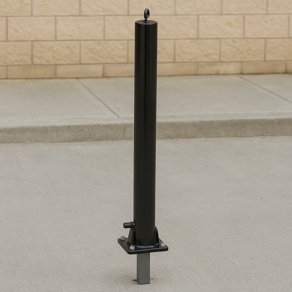 Black Fold Down Parking Post – No Parking Logo, Integral Lock & Chain Eyelet