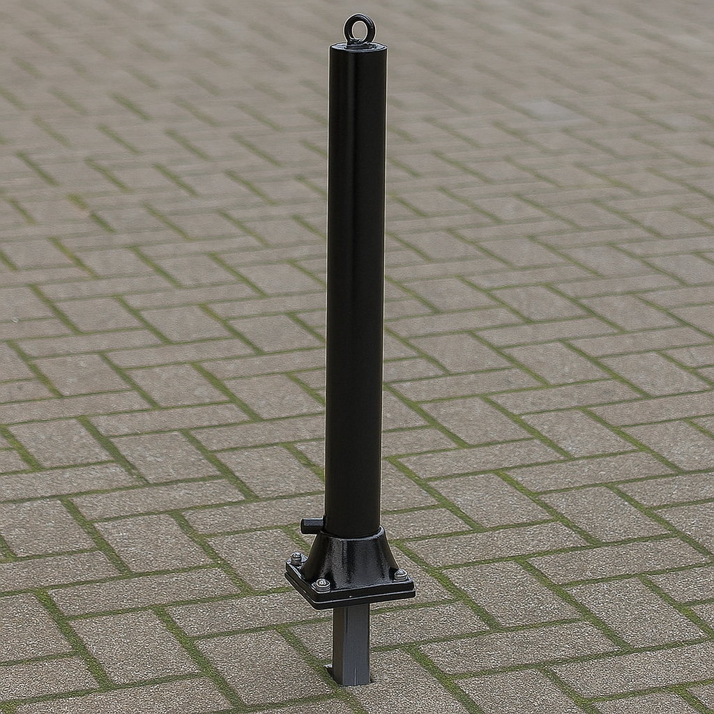 Black Fold Down Parking Post – No Parking Logo, Integral Lock & Chain Eyelet