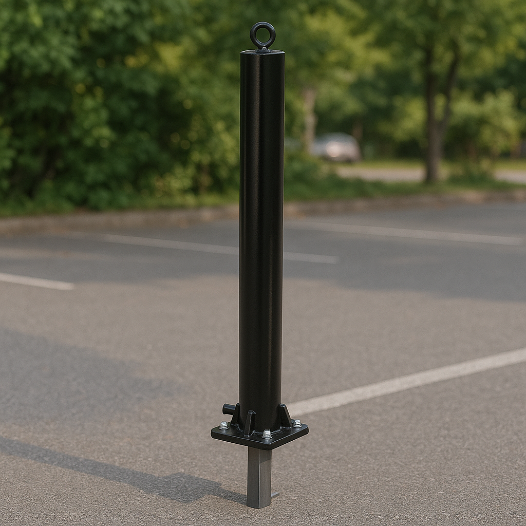 Black Fold Down Parking Post – No Parking Logo, Integral Lock & Chain Eyelet