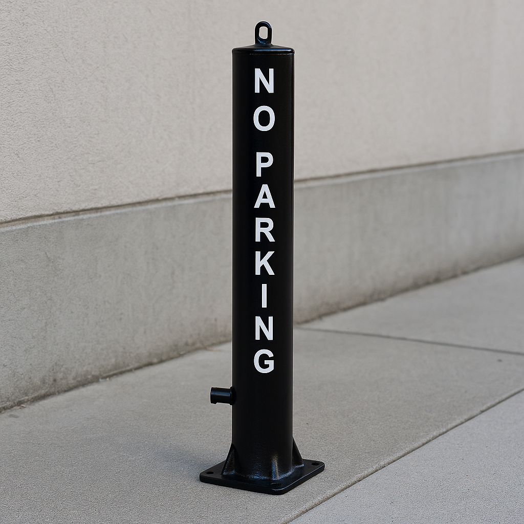 Black Large Fold Down Steel Parking Post with No Parking Logo