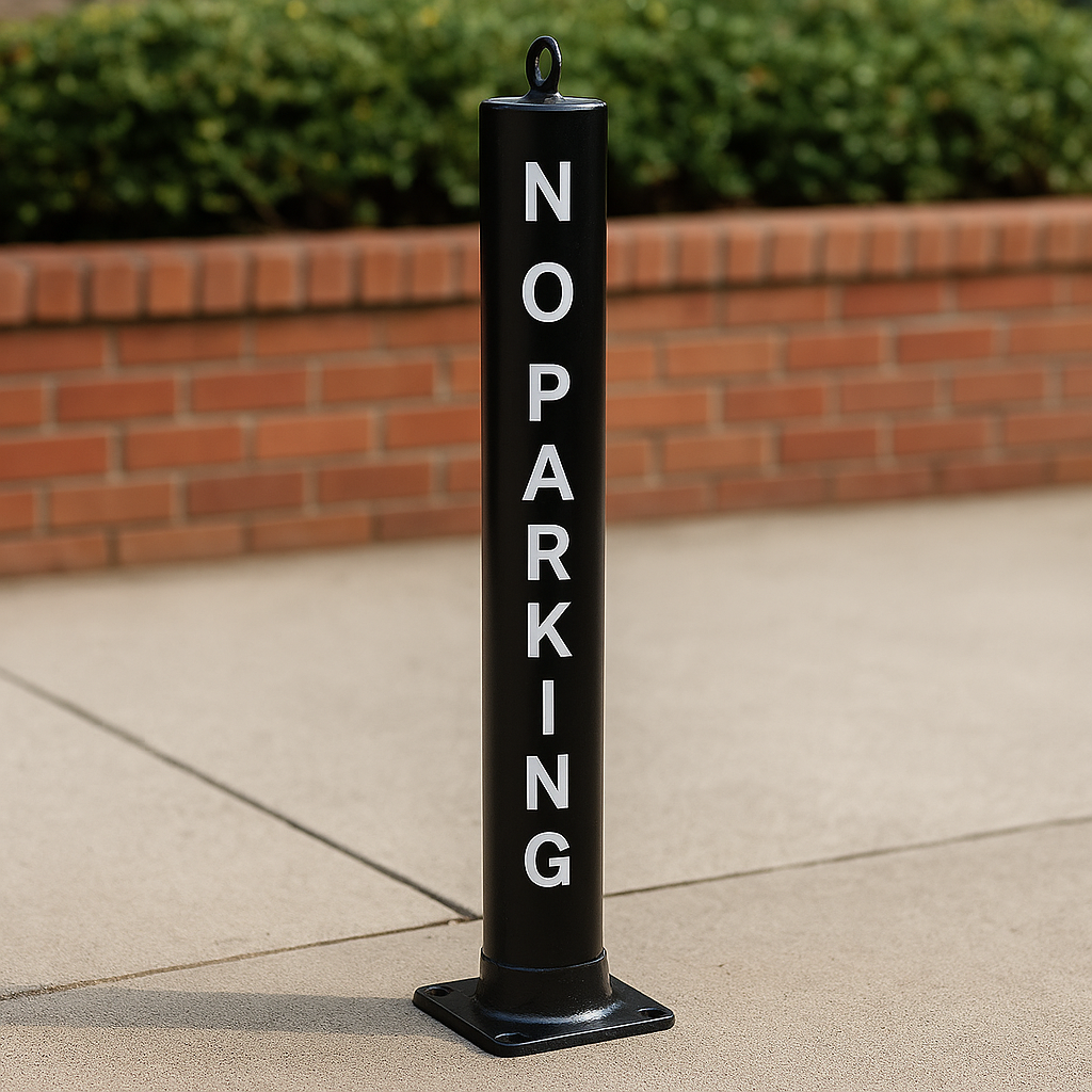 Black Large Fold Down Steel Parking Post with No Parking Logo