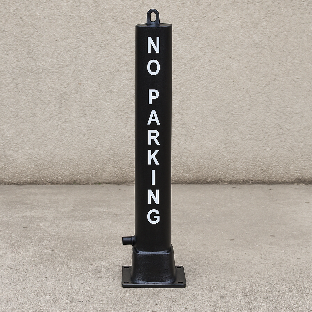 Black Large Fold Down Steel Parking Post with No Parking Logo