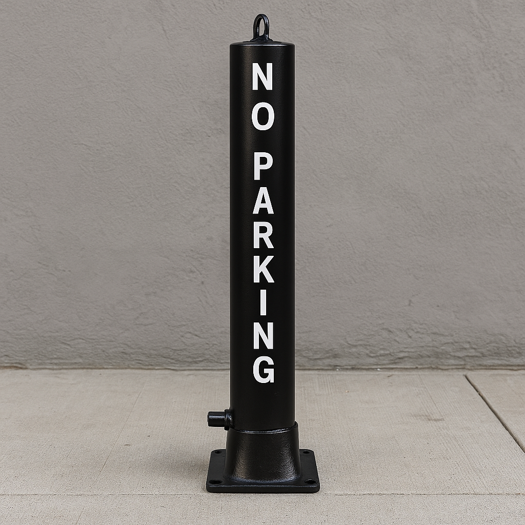 Black Large Fold Down Steel Parking Post with No Parking Logo