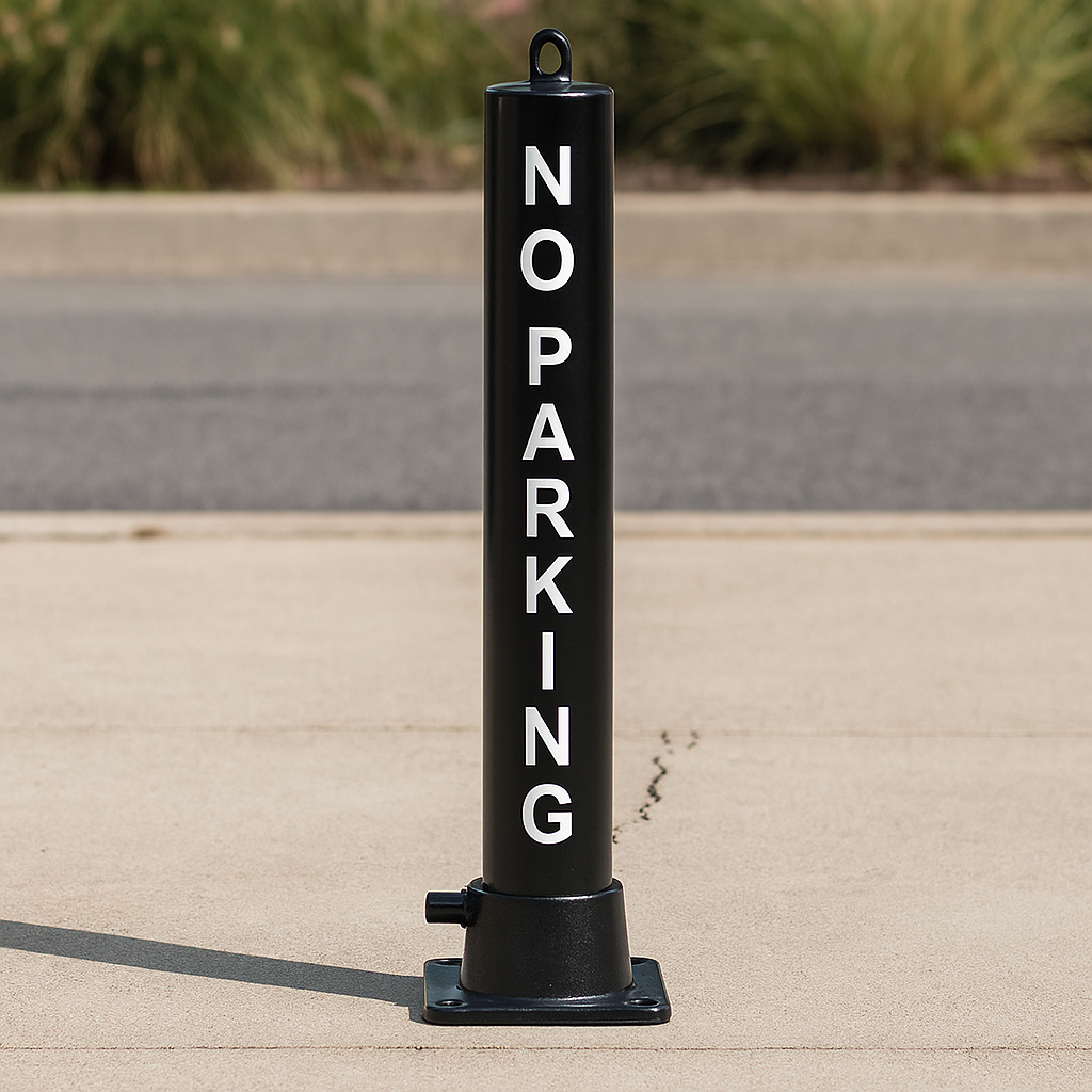 Black Large Fold Down Steel Parking Post with No Parking Logo