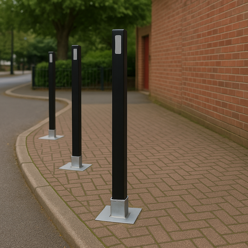 Heavy-Duty Removable Black Security Bollard with Reflective Strips – Lockable Steel Parking Barrier for Driveways & Commercial Spaces