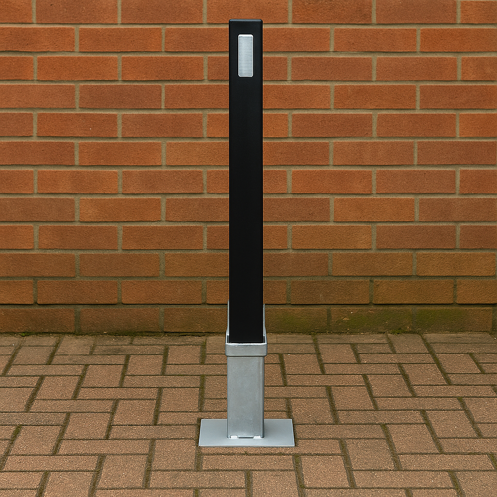 Heavy-Duty Removable Black Security Bollard with Reflective Strips – Lockable Steel Parking Barrier for Driveways & Commercial Spaces