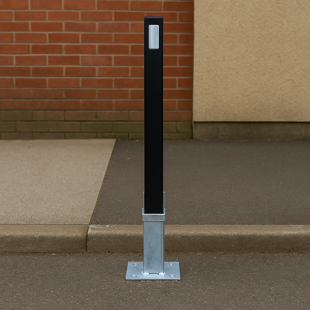 Heavy-Duty Removable Black Security Bollard with Reflective Strips – Lockable Steel Parking Barrier for Driveways & Commercial Spaces