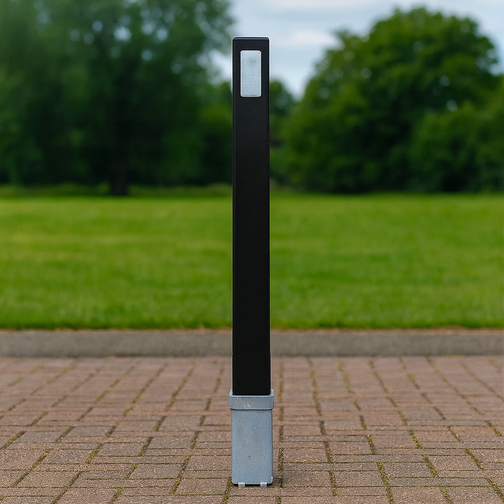 Heavy-Duty Removable Black Security Bollard with Reflective Strips – Lockable Steel Parking Barrier for Driveways & Commercial Spaces