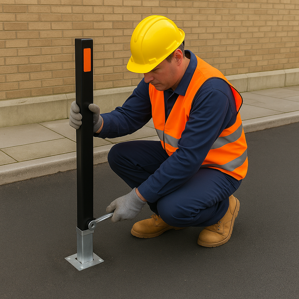 Heavy-Duty Black Removable Security Bollard with Reflective Safety Strips – Lockable Anti-Theft Post for Driveways & Commercial Use