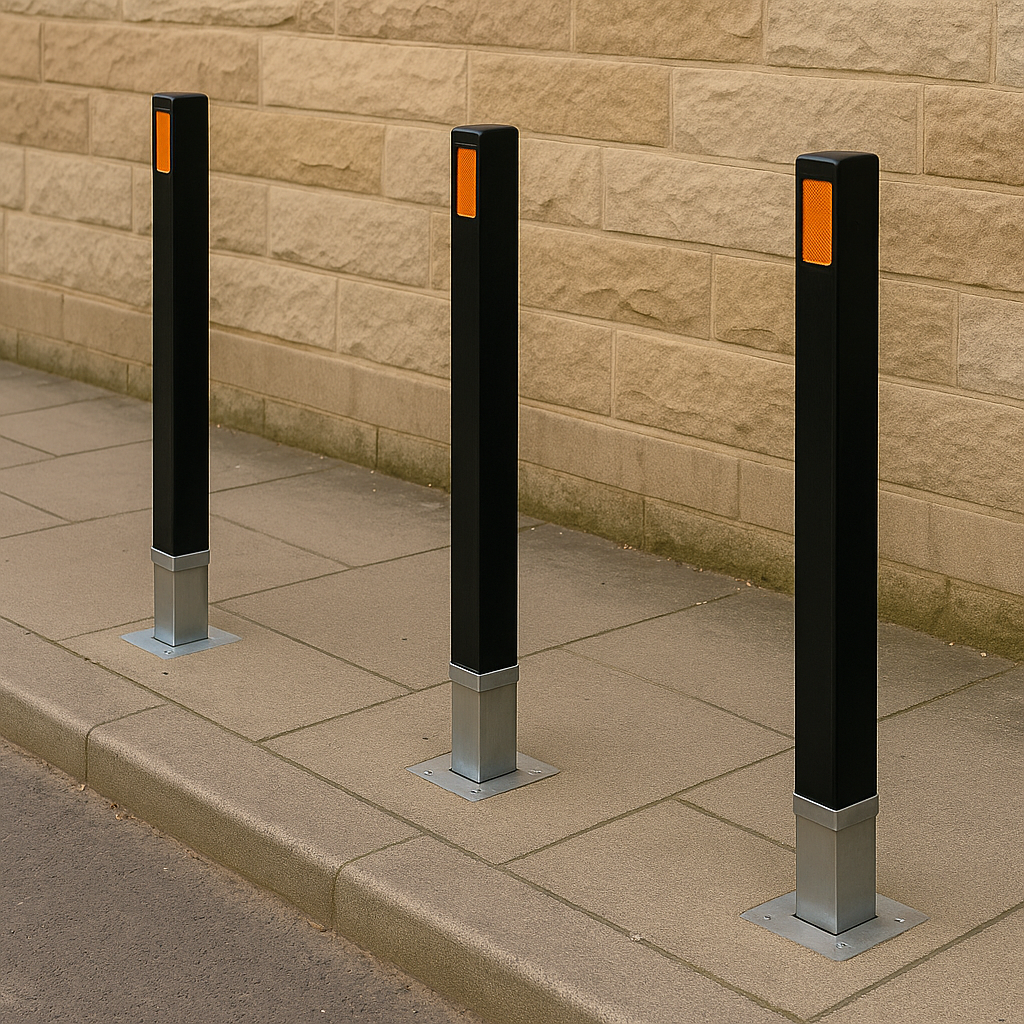 Heavy-Duty Black Removable Security Bollard with Reflective Safety Strips – Lockable Anti-Theft Post for Driveways & Commercial Use