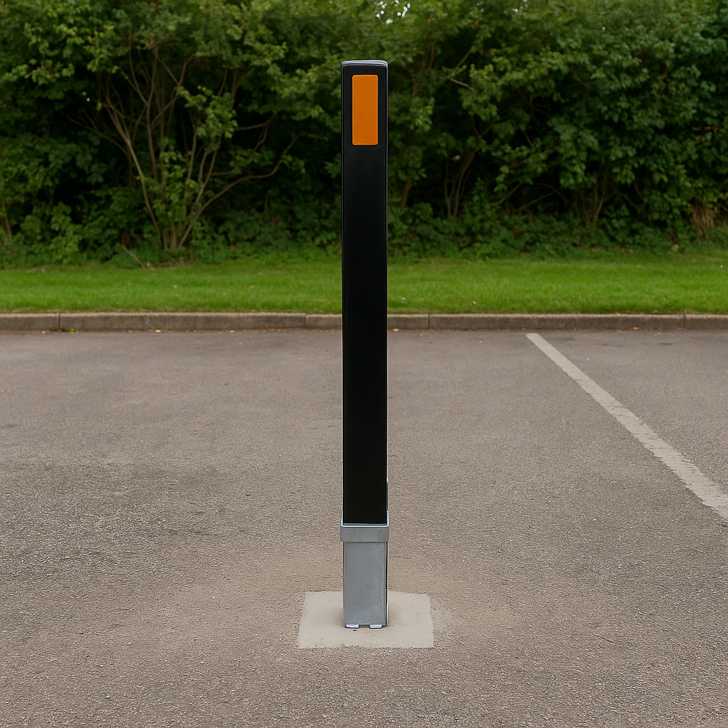 Heavy-Duty Black Removable Security Bollard with Reflective Safety Strips – Lockable Anti-Theft Post for Driveways & Commercial Use