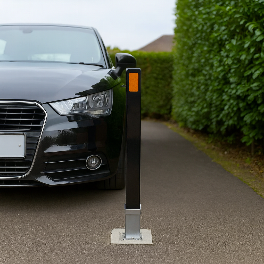 Heavy-Duty Black Removable Security Bollard with Reflective Safety Strips – Lockable Anti-Theft Post for Driveways & Commercial Use