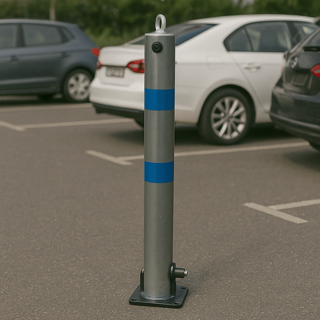 Galvanised Fold-Down Parking Post with Blue Stripes