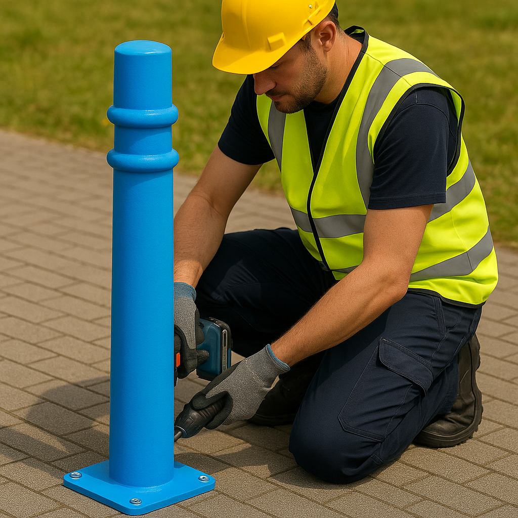 Ornamental Steel Bollard – 1000mm Above Ground with Flanged Base | Decorative Anti-Ram Post for Surface Fixing in Driveways, Retail & Public Areas