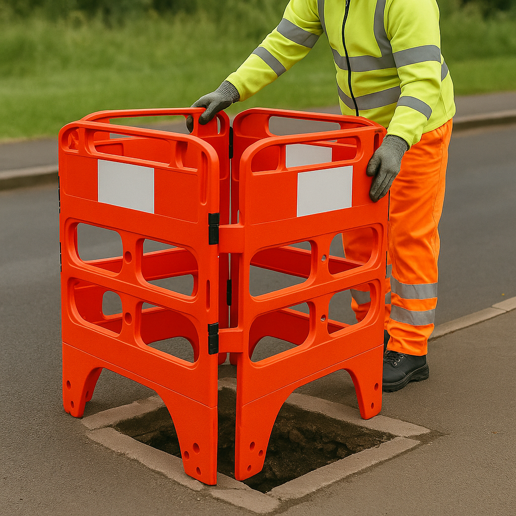 High-Visibility 4-Gate HDPE Pedestrian Safety Barrier – 1000 × 750 × 20 mm | Foldable, Lightweight & Reflective