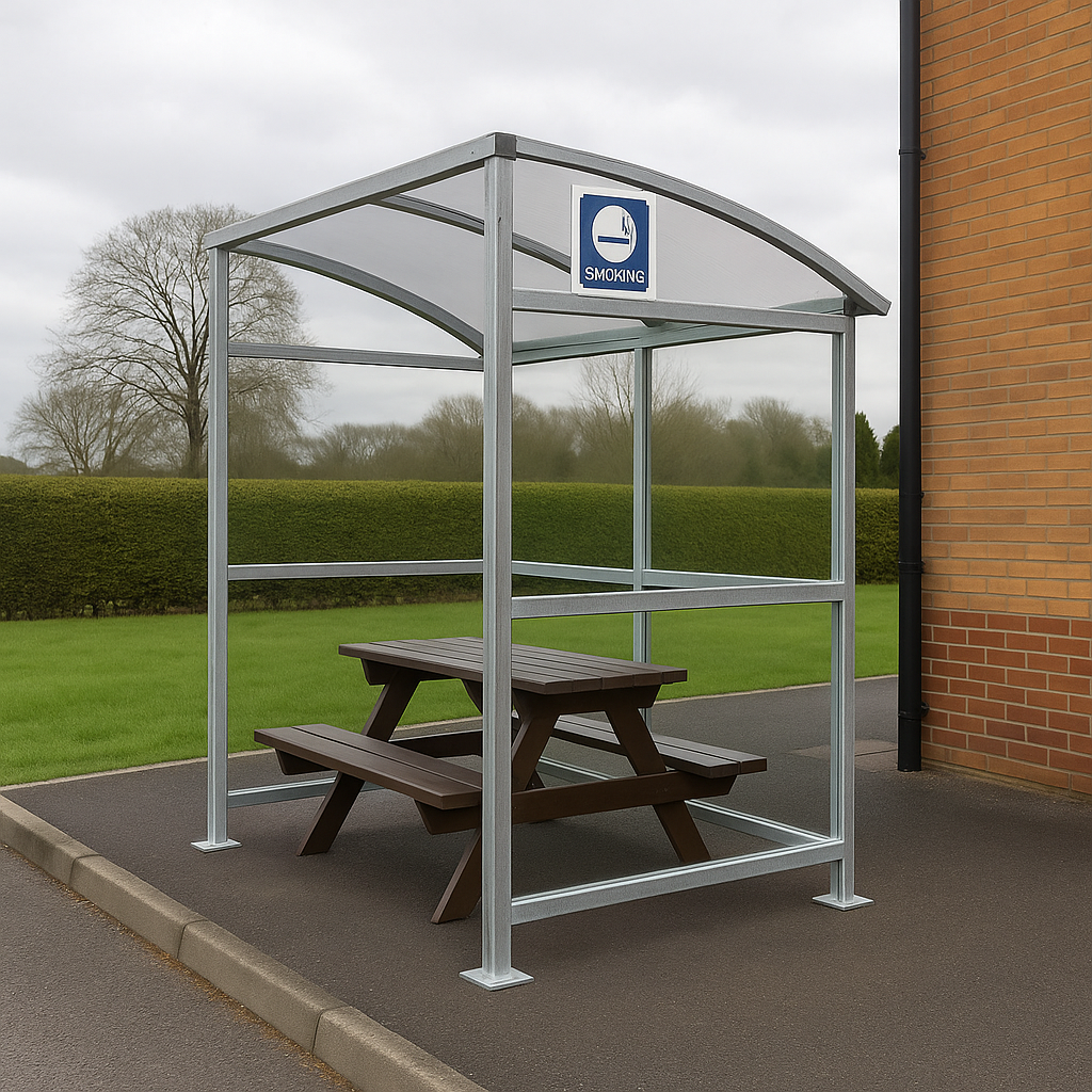 Burbank Smoking Shelter – Open-Front Galvanised Steel Frame with UV-Protected PETG Roof | Modular, Weather-Resistant Design
