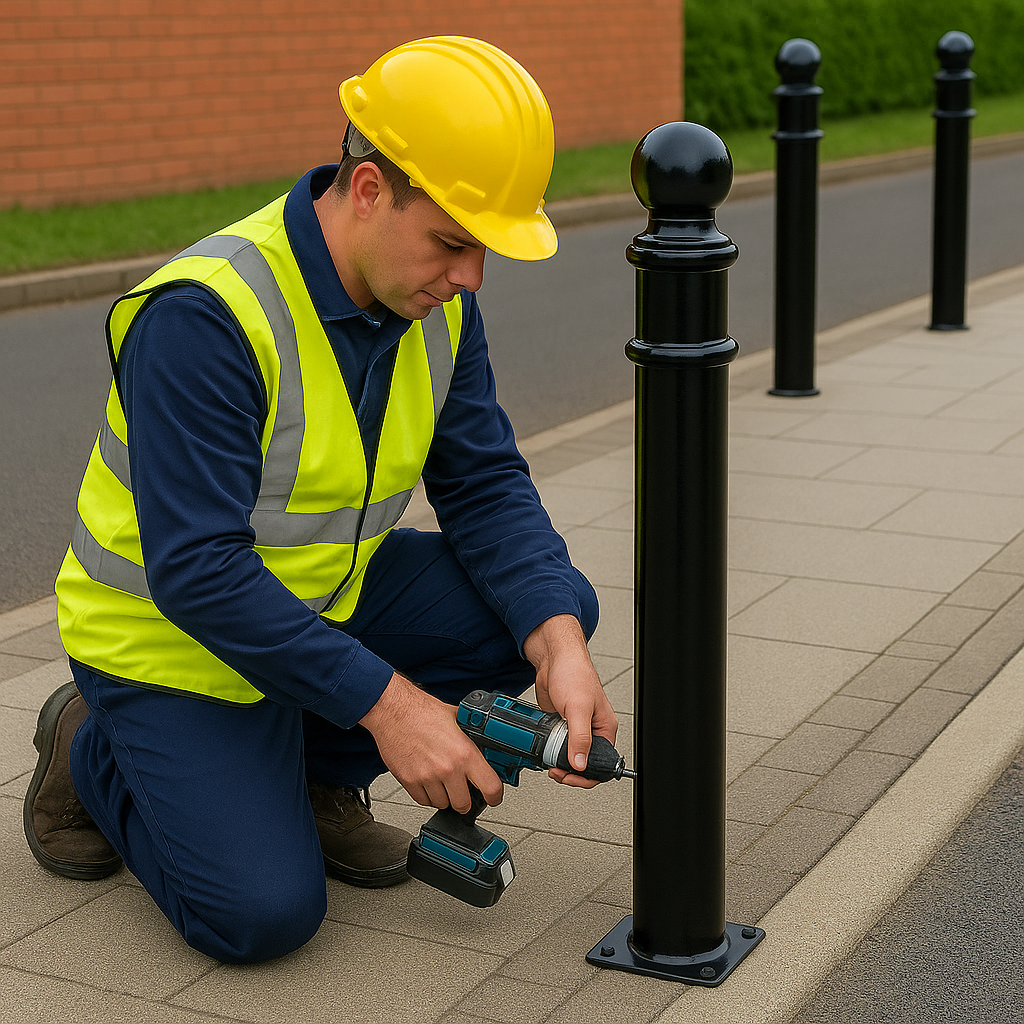 Ornamental Steel Bollard – 1000mm Above Ground | Sphere Top Anti-Ram Security Post for Driveways, Retail & Public Spaces