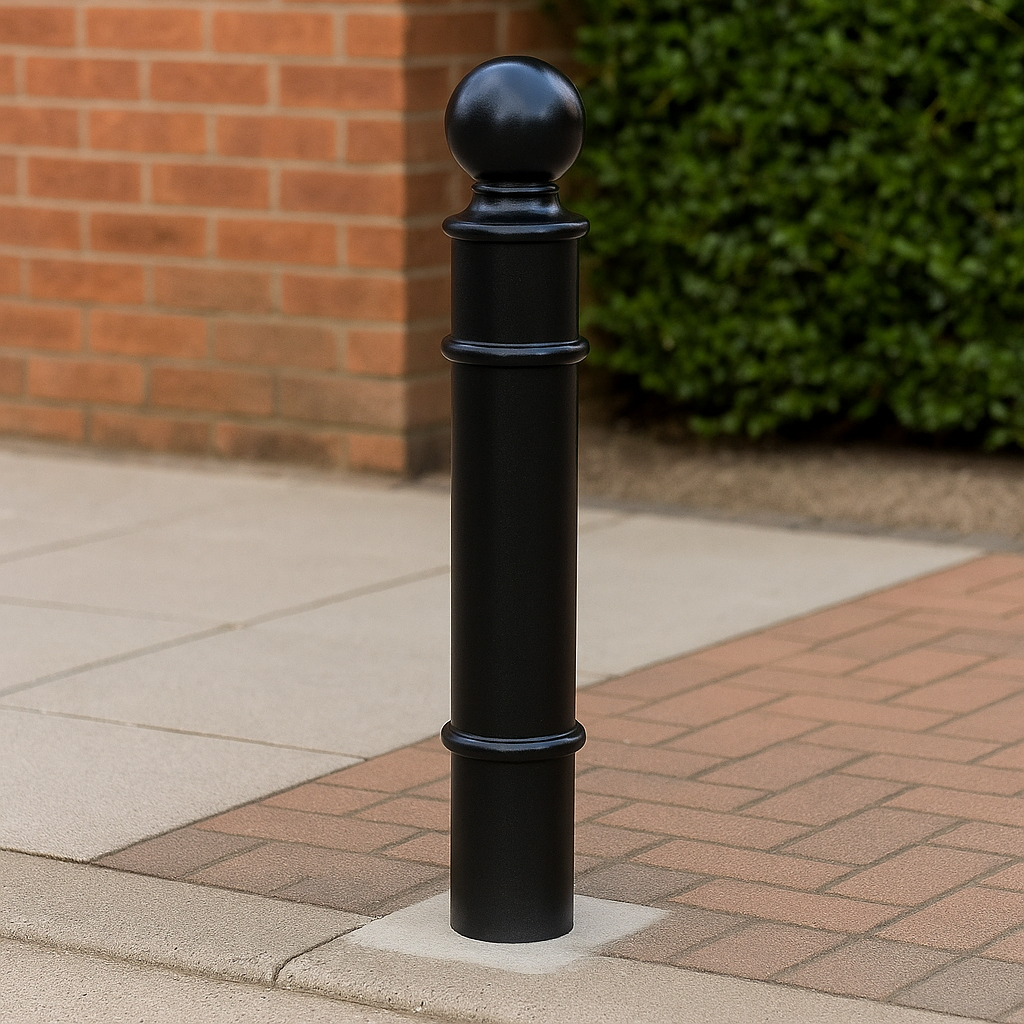 Ornamental Steel Bollard – 1000mm Above Ground | Sphere Top Anti-Ram Security Post for Driveways, Retail & Public Spaces