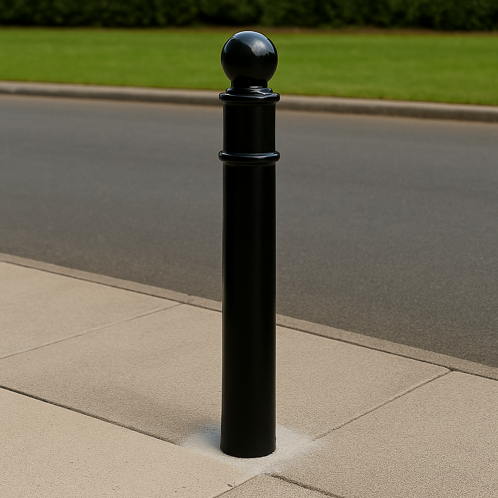 Ornamental Steel Bollard – 1000mm Above Ground | Sphere Top Anti-Ram Security Post for Driveways, Retail & Public Spaces