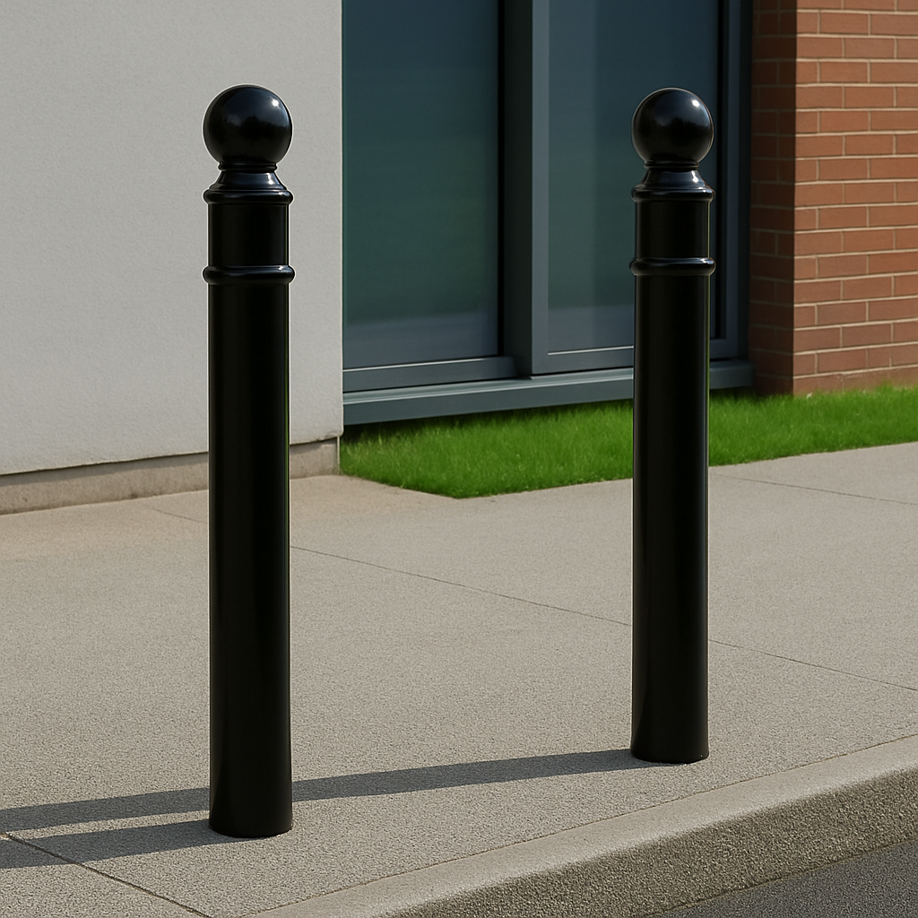 Ornamental Steel Bollard – 1000mm Above Ground | Sphere Top Anti-Ram Security Post for Driveways, Retail & Public Spaces