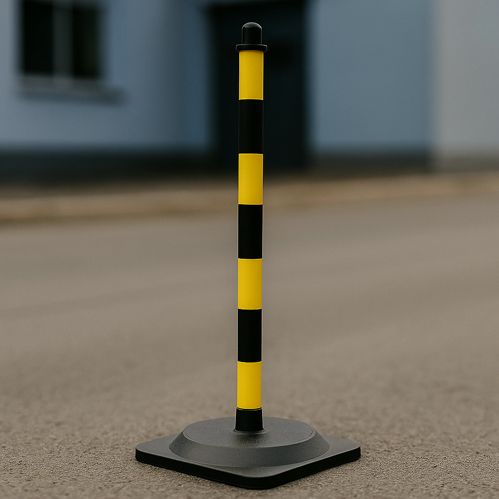 Ultra-Visible Yellow & Black Chain Post Kit – 6 Posts with 10 m Chain, Hooks & Links | Heavy-Duty Recycled Rubber Base