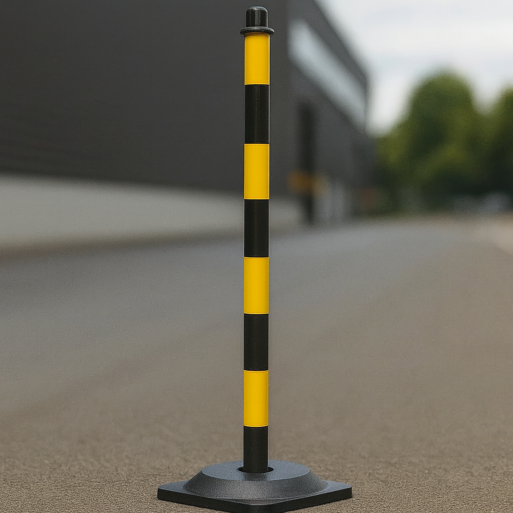 Ultra-Visible Yellow & Black Chain Post Kit – 6 Posts with 10 m Chain, Hooks & Links | Heavy-Duty Recycled Rubber Base