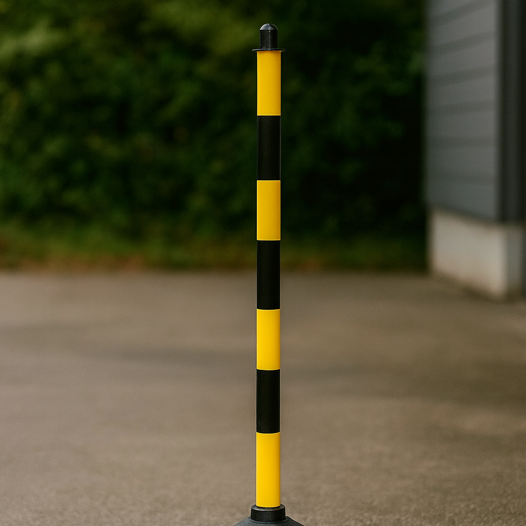 High-Visibility Yellow & Black Chain Post – Recycled Rubber Base | Stable, Eco-Friendly Safety Bollard