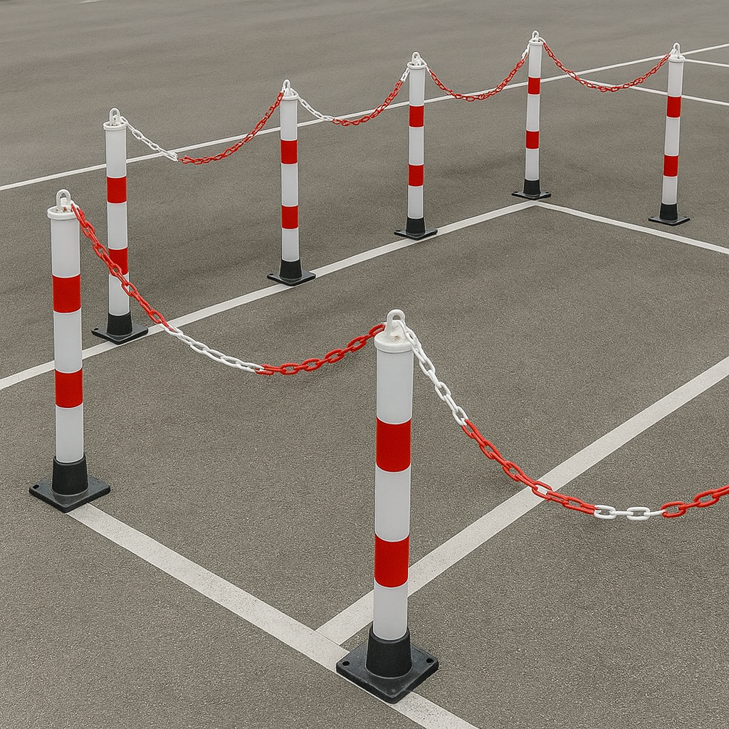 2 × 76mm Red & White Fold-Down Parking Posts with Chain Kit