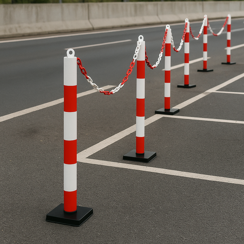 2 × 76mm Red & White Fold-Down Parking Posts with Chain Kit