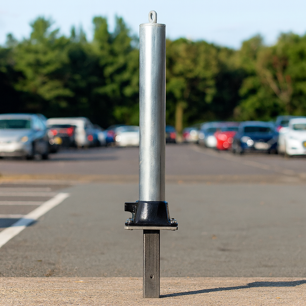 Galvanised Fold-Down Parking Post with Integral Lock & Chain Eyelet