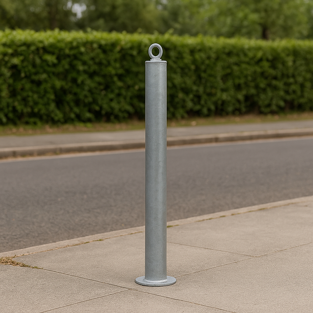 Heavy-Duty 76mm Galvanised Steel Bollard with Eyelet – Spigot Base, Rust-Resistant, Easy to Install