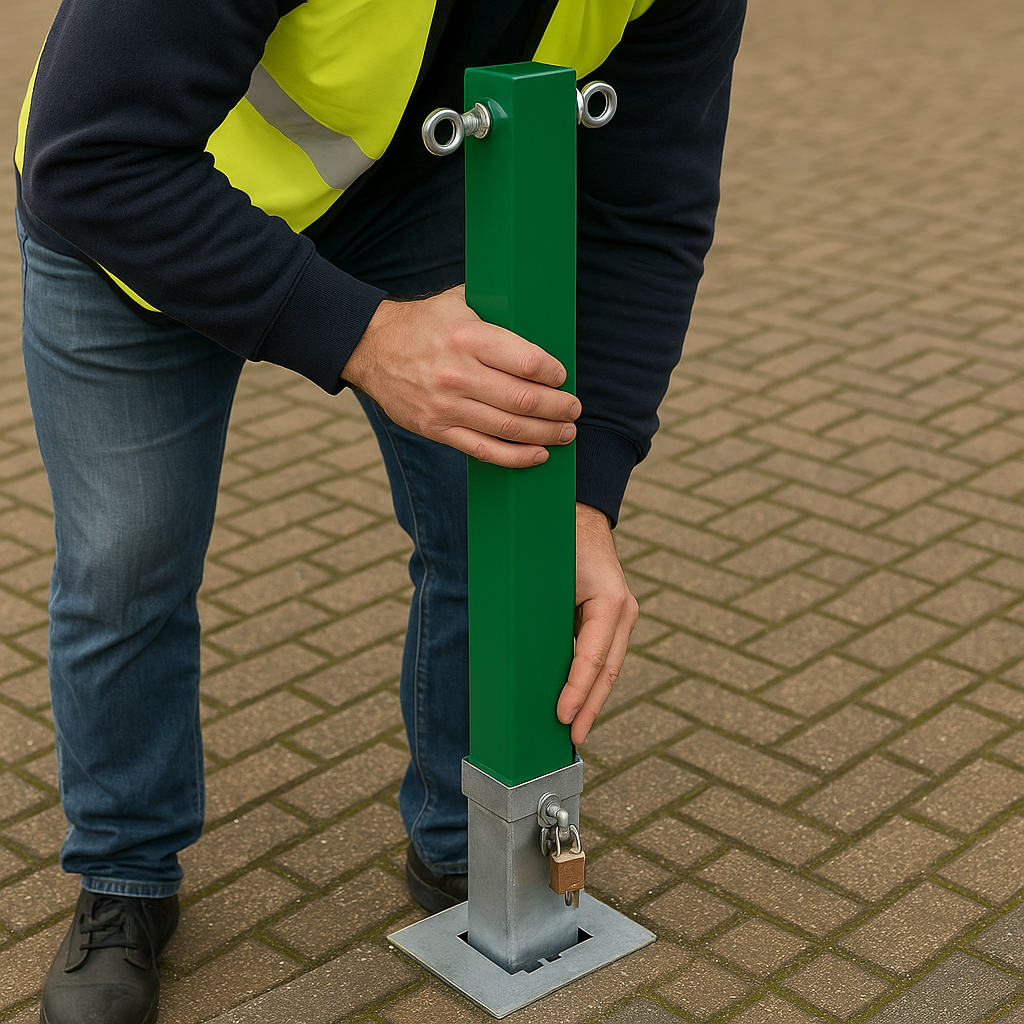 Heavy-Duty Green Removable Security Bollard with Twin Chain Eyelets